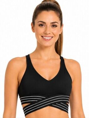 AS ROSE RICH Black Cross-Back Sports Top with White Striped Cut-Out Band SIZE LG